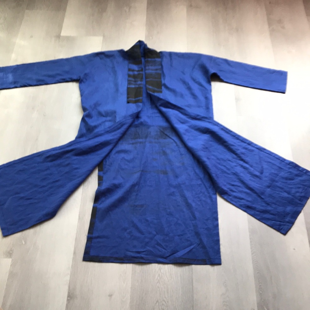 WOMENS LINEN BLUE KIMONO DUSTER LONG SLEEVE OPEN FRONT SIDE SLITS